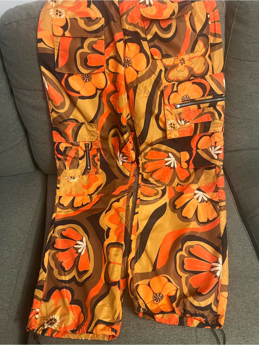 Floral printed wide leg pocket cargo orange